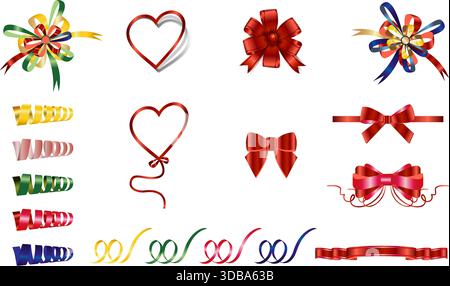 Colors realistic bow and heart. Ribbon collection. Holiday gift decoration, Valentine present, Christmas present tape knot, shiny sale ribbons set. Stock Vector