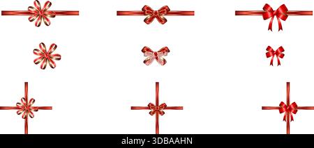 Red realistic bow. Ribbon collection. Holiday gift decoration, Valentine present, Christmas present tape knot, shiny sale ribbons set. Stock Vector