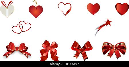 Set of red realistic bow and heart. Ribbon collection. Holiday gift decoration, Valentine present, Christmas present tape knot, tape heart, shiny sale Stock Vector