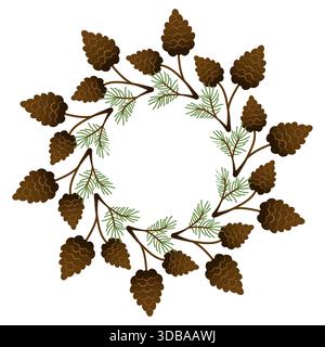 Christmas round wreath. Green New Year's frame decorated with fir branches and pine cones. Stock Vector