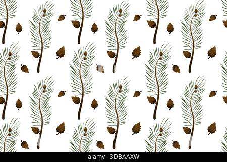 Seamless pattern of pine branches and pine cones. Colorful, flat-style ornament featuring evergreens. Stock Vector