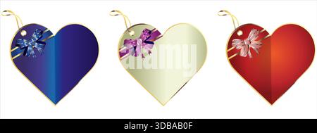 Three realistic hearts on white background. Hearts collection. Hearts with Bow. Holiday gift decoration, Valentine present, Christmas present tape Stock Vector