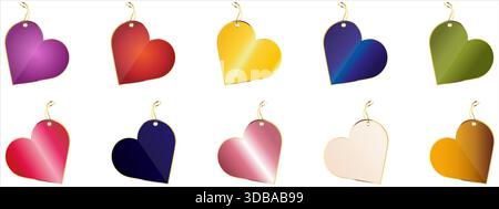 Colors realistic hearts on white background. Hearts collection. Hanging on ribbon hearts. Holiday gift decoration, Valentine present, Christmas Stock Vector