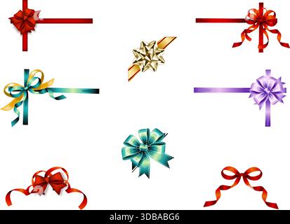 Realistic ribbon bow corner. Gift decoration, 3D bows for box corners and holiday gifts template. Red, gold gifting ribbons vector set. Stock Vector