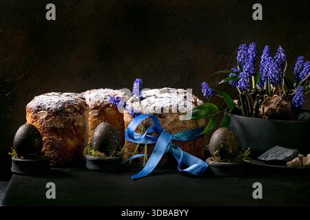 Homemade traditional Easter panettone cakes different size in row with colored black eggs, blossoming muscari flowers on black wooden table. Tradition Stock Photo