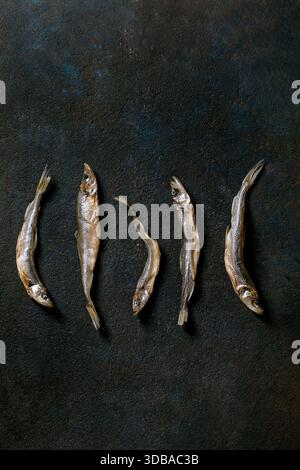 Heap dried sun-dried sea fish smelt hamsa anchovy in row on dark textured background. Salty traditional appetizer. Sea food background Stock Photo