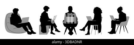 Silhouettes of business people working on laptops Stock Vector