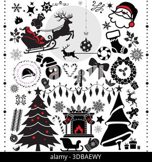 Christmas Silhouette Vector Icons Santa Reindeer Tree Fireplace Holiday Design Set Winter Art Bundle Stock Vector