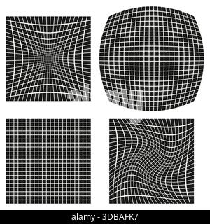 Set of abstract distorted wireframe grid backgrounds. Optical illusion textures. Stock Vector