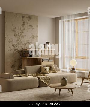 Japandi living room with clean space, gentle ambience, balanced composition and mockup poster frame, perfect for modern minimal home styling ideas. 3D Stock Photo