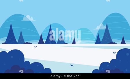 Minimalist and simple winter landscape flat illustration with blue bushes and pine trees against a clear blue sky suitable for seasonal designs. Stock Vector