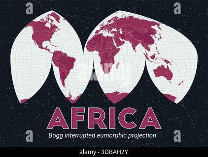Africa. World map. Boggs interrupted homolosine projection centered on Africa. Pale Mint Dark Pink palette. Vintage texture. Stock Vector