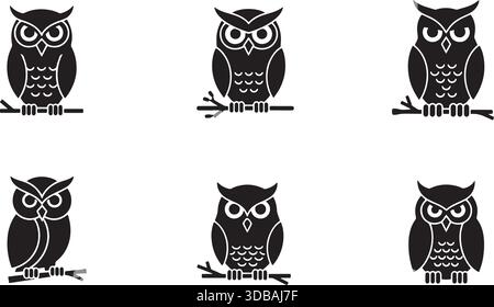 Set of Six Black Owl Silhouette Icons on Branch - Wise Bird of Night, Predator, and Knowledge Symbol Vector Isolated on White for Education and Logo D Stock Vector