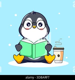 Cute Penguin Reading a Book and Enjoying Coffee Vector Illustration Cartoon Design Kawaii Stock Vector