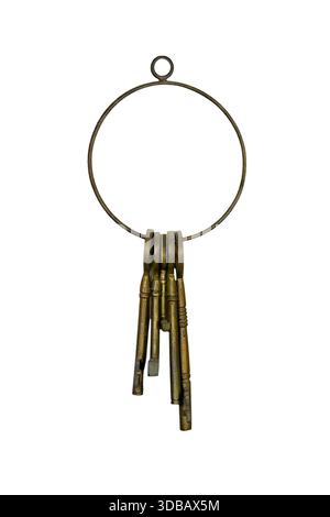 Old vintage bunch of keys on ring isolated on white background Stock Photo