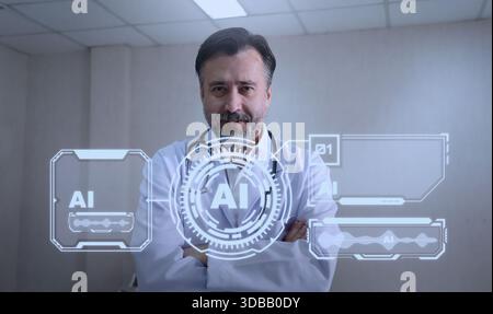 Using AI. Doctors collaborating and using futuristic AI holographic interfaces. They review digital health diagnostics analyze medical ai data. Discus Stock Photo
