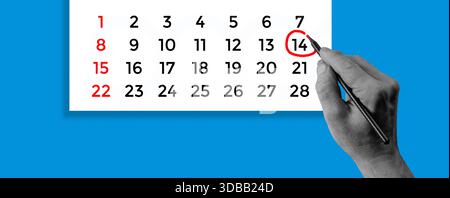 Halftone collage of a hand marking February 14th on the calendar. Valentine's Day concept. Pop art image Stock Photo