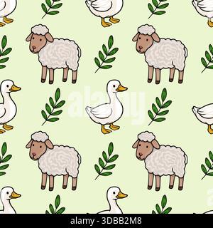 Charming seamless vector pattern featuring fluffy sheep and white ducks interspersed with delicate green sprigs on a soft pastel background. Stock Vector