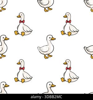 Adorable white geese wearing red bow ties, forming a charming seamless vector pattern for whimsical designs. Stock Vector