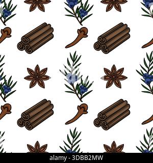 Seamless vector pattern featuring stylized juniper berries, star anise, cinnamon sticks, and cloves on a white background. Stock Vector