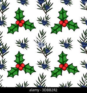 Seamless vector pattern featuring festive holly branches with red berries and juniper sprigs with blue berries, set against a clean white background, Stock Vector