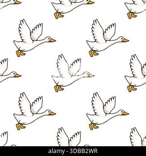 Seamless vector pattern of white geese in flight with outstretched wings and orange beaks, set against a clean white background. Stock Vector