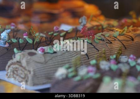 Decorated Yule log cakes in a bakery window, iced with festive details and seasonal ornaments.Nantes,France Stock Photo