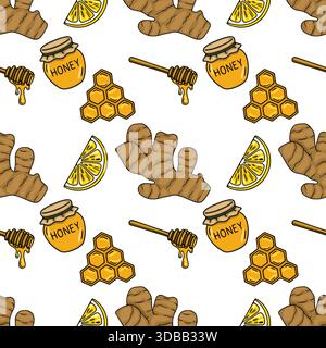 A delightful vector pattern featuring fresh ginger roots, vibrant lemon slices, jars of honey, and dripping honey dippers, creating a warm and invitin Stock Vector