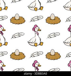 Seamless vector pattern featuring cute cartoon geese, nests with eggs, and feathers on a white background. Stock Vector