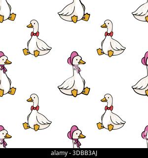 Adorable seamless vector pattern featuring cute cartoon geese wearing bow ties and bonnets, perfect for playful backgrounds. Stock Vector