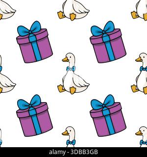 Seamless vector pattern featuring cute white geese wearing blue bow ties and purple gift boxes with blue ribbons on a white background. Stock Vector