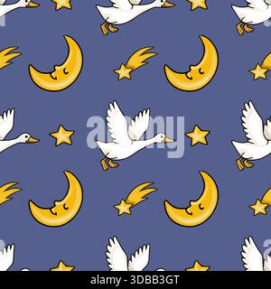 Whimsical vector pattern featuring flying geese, crescent moons with faces, and shooting stars on a deep blue background. Stock Vector