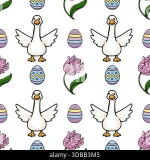 Whimsical vector seamless pattern featuring cheerful geese, stylized Easter eggs, and delicate pink tulips on a white background, perfect for spring-t Stock Vector