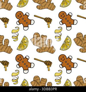 A charming vector pattern featuring ginger roots, lemon slices, gingerbread men, and dripping honey, ideal for festive or culinary themes. Stock Vector