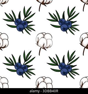 Seamless vector pattern featuring stylized blueberries with green leaves and fluffy cotton bolls. Stock Vector