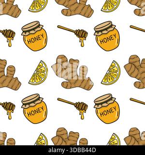 A charming seamless vector pattern featuring stylized ginger roots, lemon slices, and jars of honey with dippers, perfect for backgrounds and food-the Stock Vector