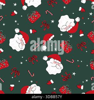 Seamless Christmas pattern featuring cute Santa faces, gift bags, candy canes, bows, stars, and festive elements in soft pastel colors, perfect. Stock Vector