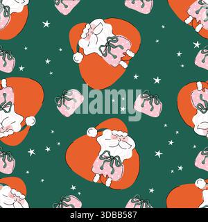 Seamless Christmas pattern featuring cute Santa faces, gift bags, candy canes, bows, stars, and festive elements in soft pastel colors, perfect. Stock Vector