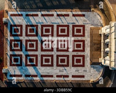 Aerial view of the Rhode Island State House with its patterned plaza basking in the late afternoon sun, Providence, Rhode Island, United States. Stock Photo