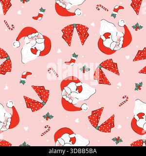 Seamless Christmas pattern featuring cute Santa faces, gift bags, candy canes, bows, stars, and festive elements in soft pastel colors, perfect. Stock Vector