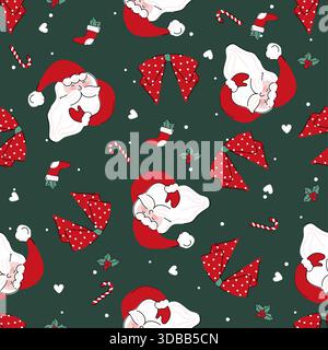 Seamless Christmas pattern featuring cute Santa faces, gift bags, candy canes, bows, stars, and festive elements in soft pastel colors, perfect. Stock Vector