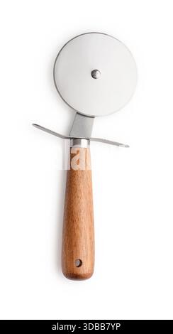 Stainless steel pizza cutter  with wooden handle isolated on white background, clipping path included. Stock Photo
