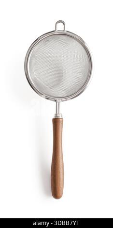 Stainless steel tea strainer  with wooden handle isolated on white background, clipping path included. Stock Photo