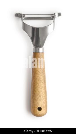 Stainless steel vegetable peeler  with wooden handle isolated on white background, clipping path included. Stock Photo
