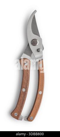 Vintage style stainless steel pruning shears with wooden handles isolated on white background, clipping path included. Stock Photo