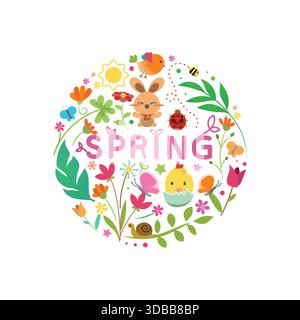 Bright vector illustration of the 'SPRING' season, arranged in a circle with colorful flowers, butterfly, baby chick, and cute rabbit character. Stock Vector