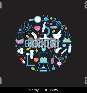 Flat vector illustration with various biology and chemistry icons: microscope, DNA, atom, beaker, flask, pills, and magnifying glass in a circle. Stock Vector