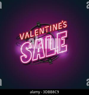 Vibrant pink and purple neon sign 'VALENTINE'S SALE' with a glowing background. Ideal for e-commerce, advertising, special offers, and banners. Stock Vector