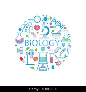Flat vector illustration with various biology and chemistry icons: microscope, DNA, atom, beaker, flask, pills, and magnifying glass in a circle. Stock Vector