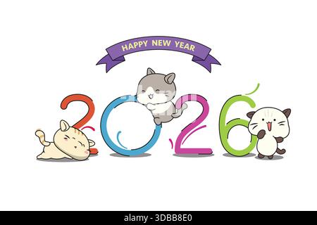 Flat vector of three cute cartoon cats playing around the colorful numbers '2026' with a ribbon that says 'Happy New Year'. Fun and sweet design. Stock Vector